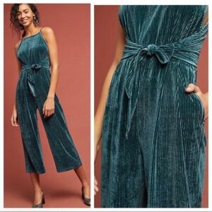 Anthropologie Greylin Evelyn Green Ribbed Velvet Jumpsuit Tie Waist Sz XS